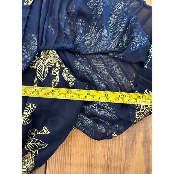 Prelude Navy And‎ Gold Floral Print Off Shoulder Ruffle Jumpsuit Large - Picture 5 of 6